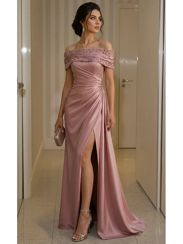 Elegant A-Line Off-Shoulder Beaded Draped Dusty Rose Floor-Length Prom Dress Gown