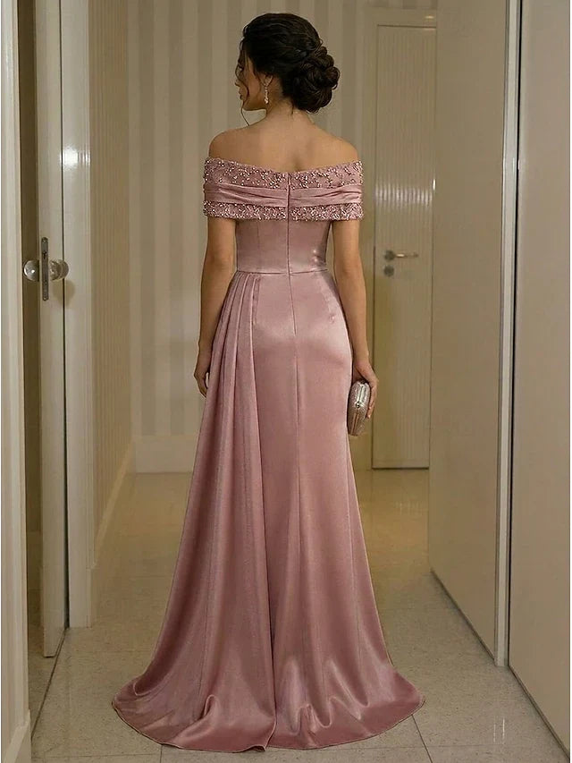 Elegant A-Line Off-Shoulder Beaded Draped Dusty Rose Floor-Length Prom Dress Gown