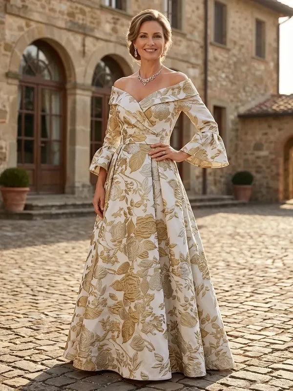 Elegant A-Line Off-Shoulder Bell Sleeve Floral Ivory Gold Floor-Length Prom Gown