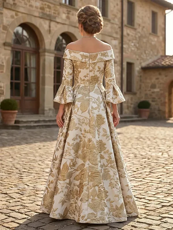 Elegant A-Line Off-Shoulder Bell Sleeve Floral Ivory Gold Floor-Length Prom Gown