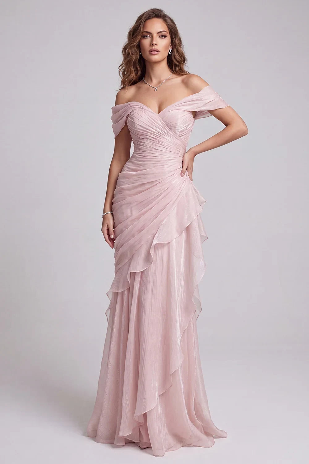 Elegant A-Line Off-Shoulder Cap-Sleeve Ruffled Draped Light Pink Floor-Length Homecoming Dresses