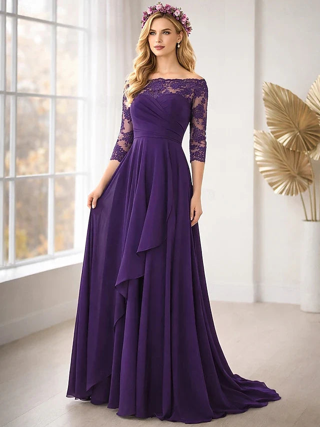 Elegant A-Line Off-Shoulder Lace Three-Quarter Sleeve Deep Purple Floor-Length Prom Dress