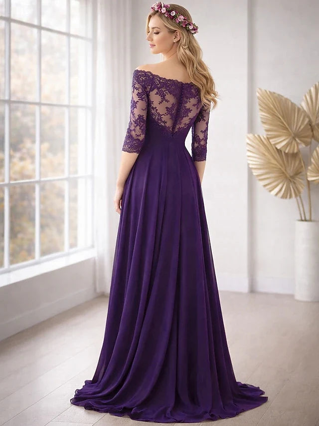 Elegant A-Line Off-Shoulder Lace Three-Quarter Sleeve Deep Purple Floor-Length Prom Dress