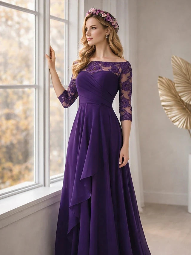 Elegant A-Line Off-Shoulder Lace Three-Quarter Sleeve Deep Purple Floor-Length Prom Dress