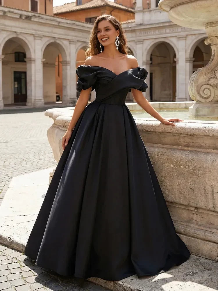 Elegant A-Line Off-Shoulder Puffy Sleeves Black Floor-Length Prom Dress Gown