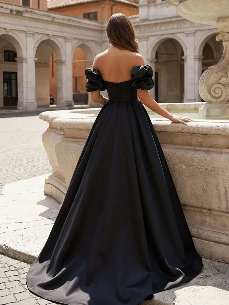Elegant A-Line Off-Shoulder Puffy Sleeves Black Floor-Length Prom Dress Gown