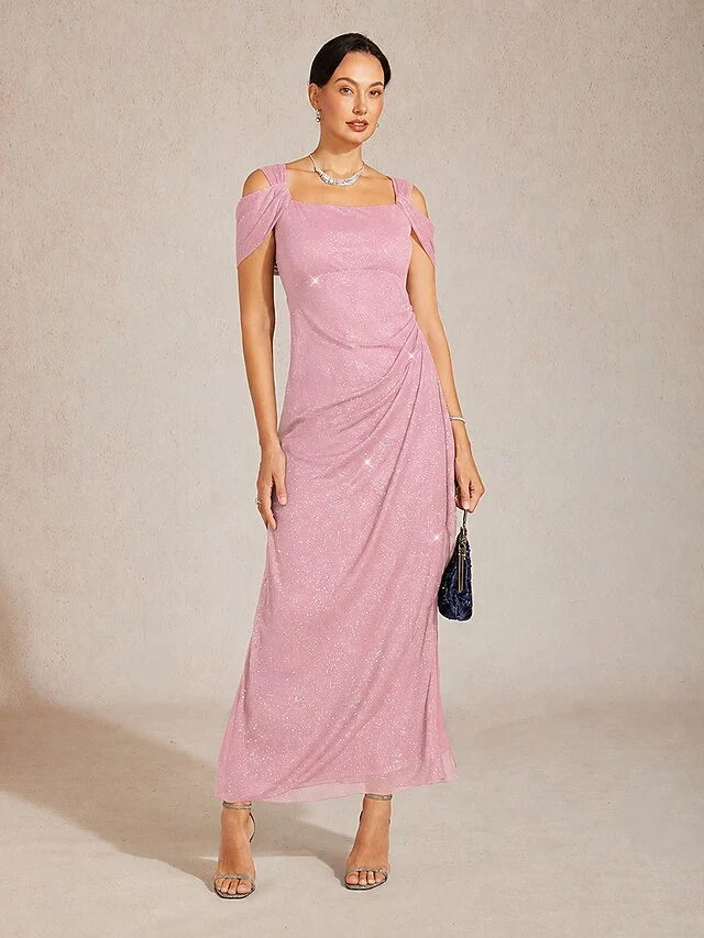Elegant A-Line Off-Shoulder Ruched Glitter Pink Floor-Length Prom Dress
