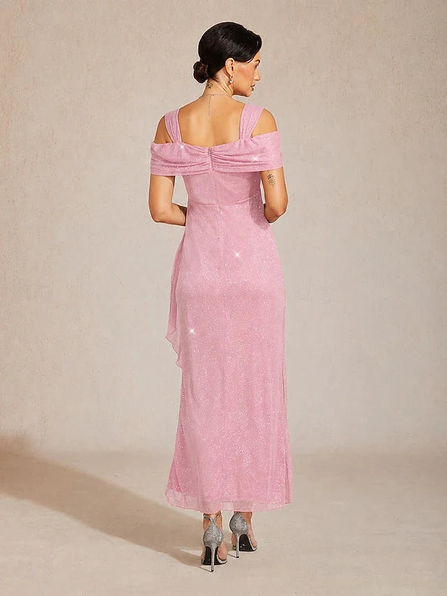 Elegant A-Line Off-Shoulder Ruched Glitter Pink Floor-Length Prom Dress