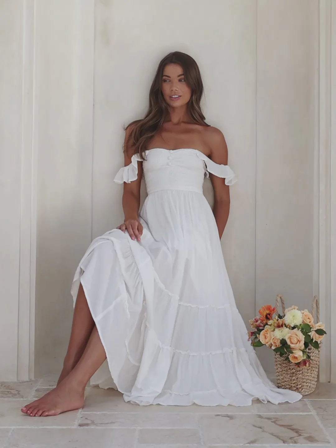 Elegant A-Line Off-Shoulder Ruffled Smocked White Maxi Prom Dress Women's