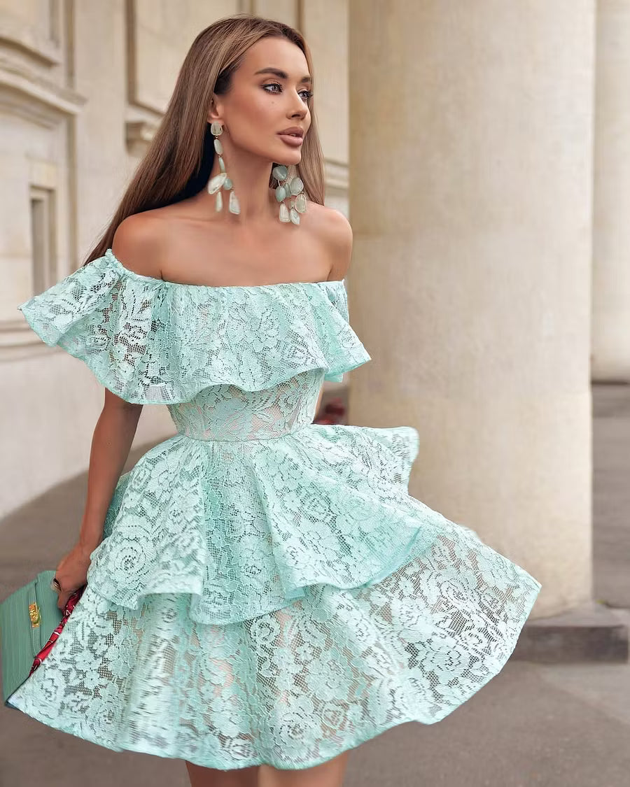 Elegant A-Line Off-Shoulder Ruffled Tiered Mint Green Short Homecoming Dress