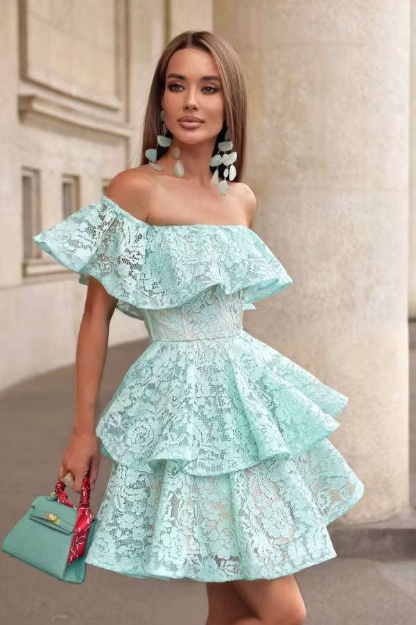 Elegant A-Line Off-Shoulder Ruffled Tiered Mint Green Short Homecoming Dress