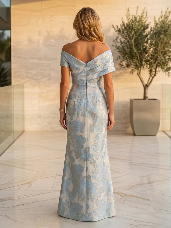 Elegant A-Line Off-Shoulder Short Sleeves Draped Floral Sky Blue Floor-Length Prom Gown