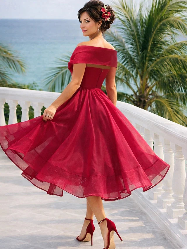 Elegant A-Line Off-Shoulder Sleeved Shimmering Glamorous Red Midi Prom Dresses Women's Gown