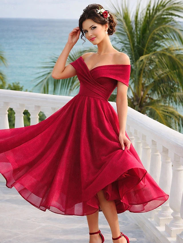 Elegant A-Line Off-Shoulder Sleeved Shimmering Glamorous Red Midi Prom Dresses Women's Gown
