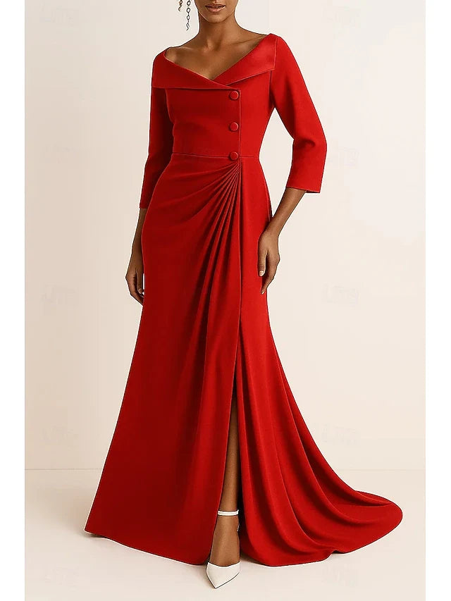 Elegant A-Line Off-Shoulder Three-Quarter Sleeve Red Floor-Length Prom Gown