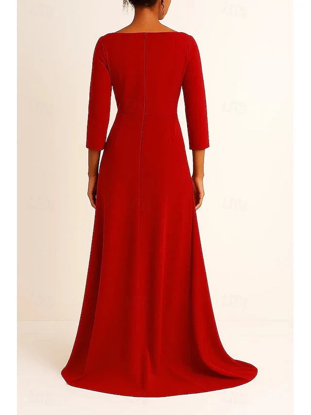 Elegant A-Line Off-Shoulder Three-Quarter Sleeve Red Floor-Length Prom Gown