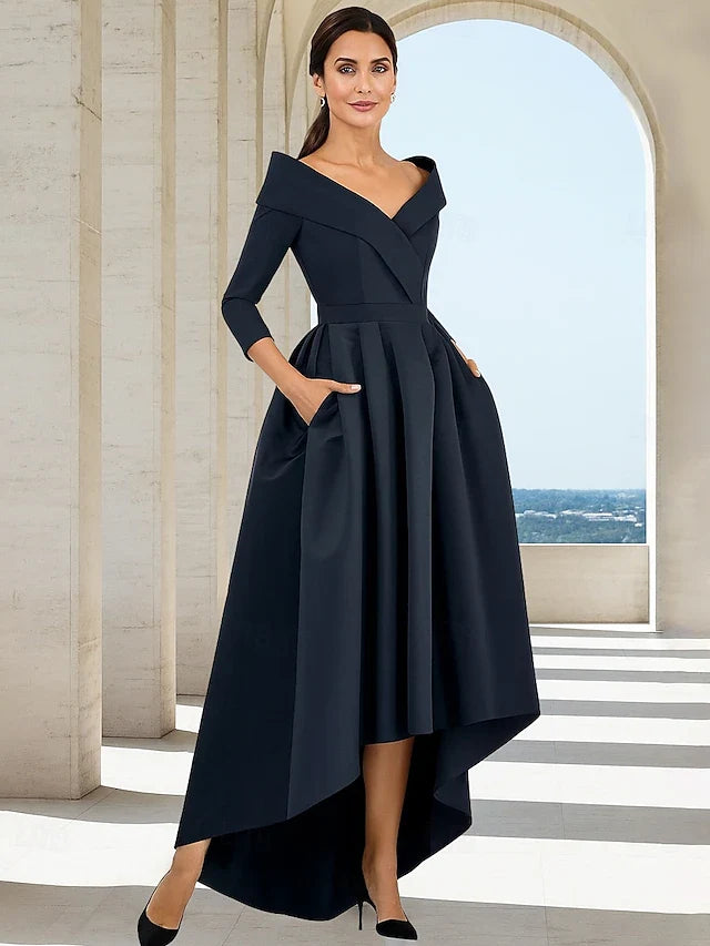 Elegant A-Line Off-Shoulder V-Neck Three-Quarter Sleeve High-Low Navy Prom Dress