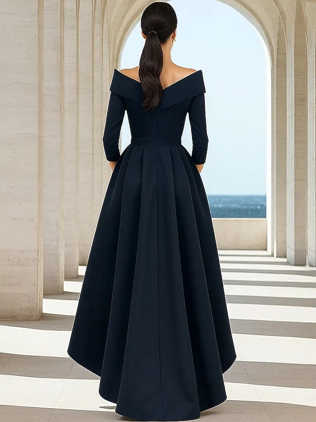 Elegant A-Line Off-Shoulder V-Neck Three-Quarter Sleeve High-Low Navy Prom Dress
