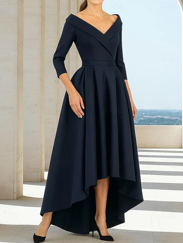 Elegant A-Line Off-Shoulder V-Neck Three-Quarter Sleeve High-Low Navy Prom Dress