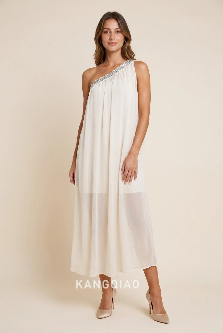 Elegant A-Line One-Shoulder Beaded Draped Ivory Midi Prom Dresses