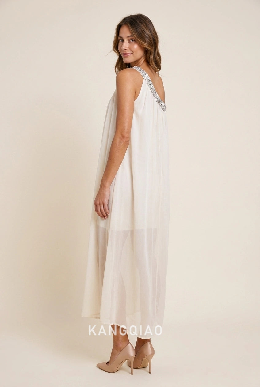 Elegant A-Line One-Shoulder Beaded Draped Ivory Midi Prom Dresses