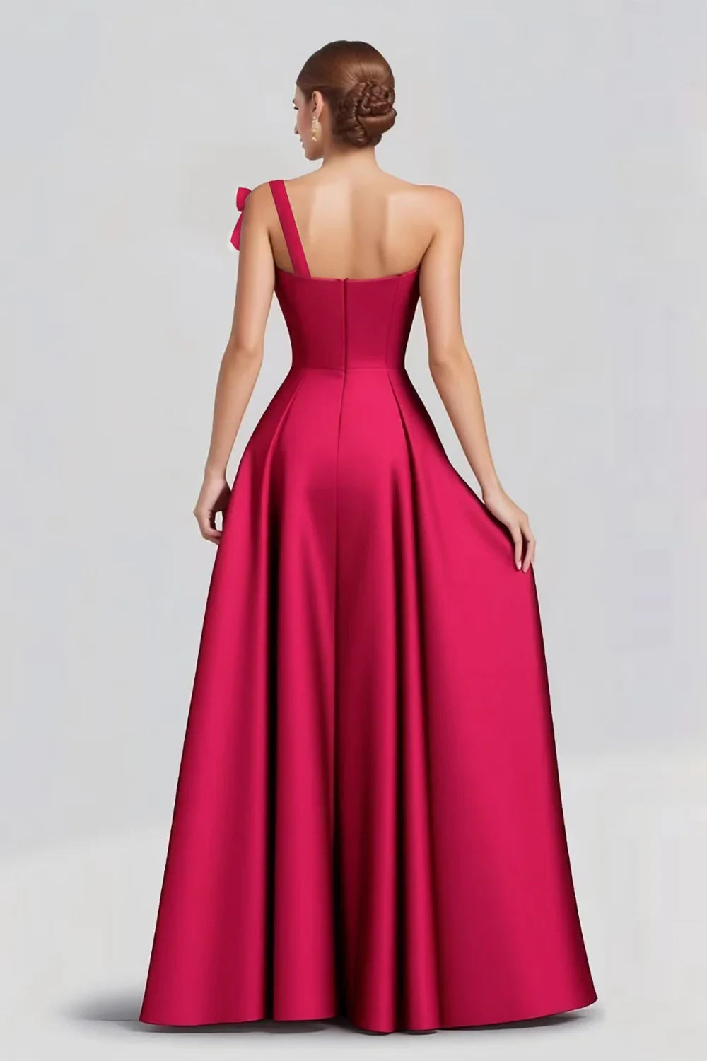 Elegant A-Line One-Shoulder Bow Glamorous Fuchsia Floor-Length Prom Dress