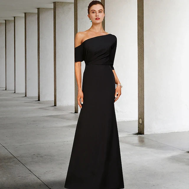 Elegant A-Line One-Shoulder Draped Black Floor-Length Prom Dress Women's Gown