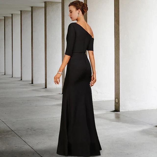 Elegant A-Line One-Shoulder Draped Black Floor-Length Prom Dress Women's Gown