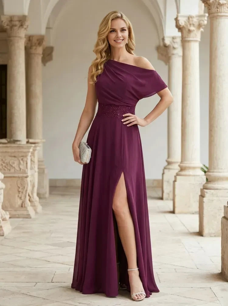 Elegant A-Line One-Shoulder Draped Slit Plum Floor-Length Prom Dresses Women's Gown