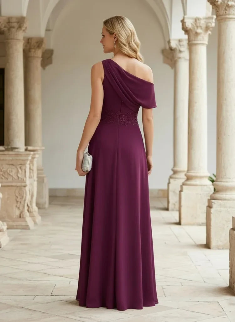 Elegant A-Line One-Shoulder Draped Slit Plum Floor-Length Prom Dresses Women's Gown
