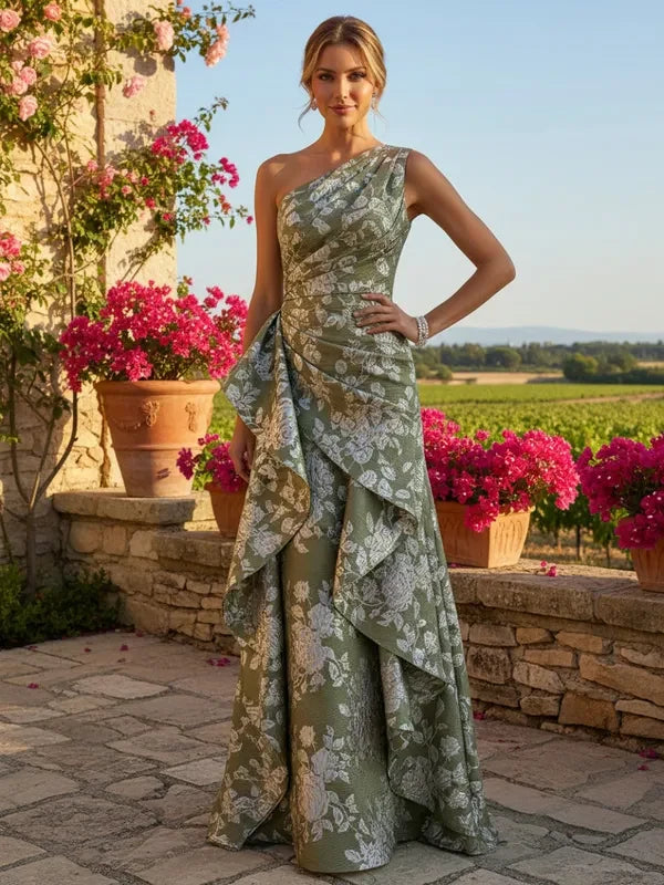 Elegant A-Line One-Shoulder Floral Ruffled Sage Green Floor-Length Prom Gown