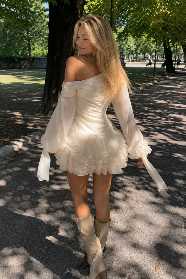 Elegant A-Line One-Shoulder Long Sleeve Ruffled Cream Mini Homecoming Dress