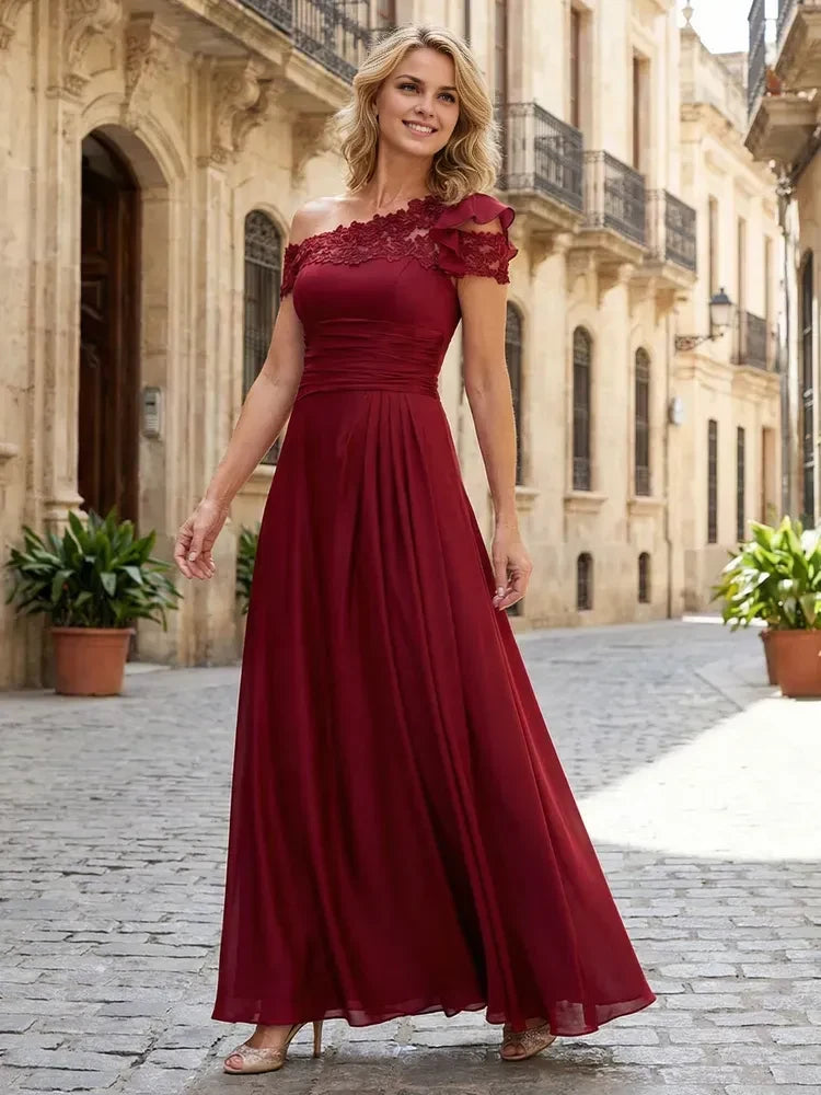 Elegant A-Line One-Shoulder Ruffle Charming Burgundy Floor-Length Prom Dress Women's Gown