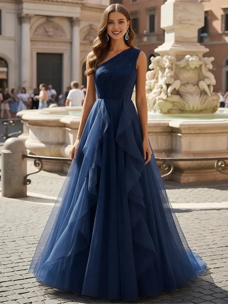 Elegant A-Line One-Shoulder Ruffled Navy Blue Floor-Length Prom Dresses Gown