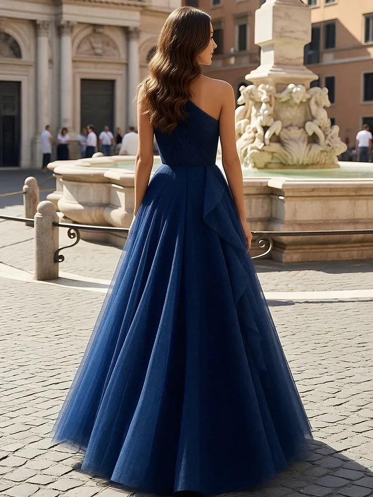 Elegant A-Line One-Shoulder Ruffled Navy Blue Floor-Length Prom Dresses Gown