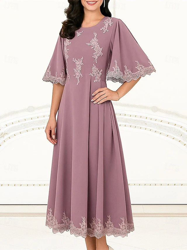 Elegant A-Line Round Neck Bell Sleeve Embroidered Dusty Mauve Midi Prom Dress