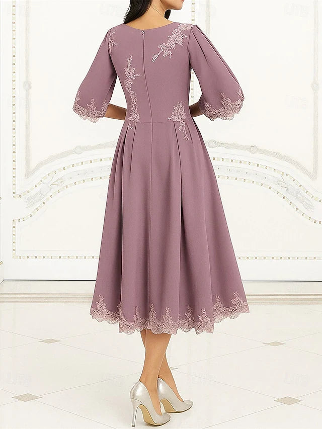 Elegant A-Line Round Neck Bell Sleeve Embroidered Dusty Mauve Midi Prom Dress