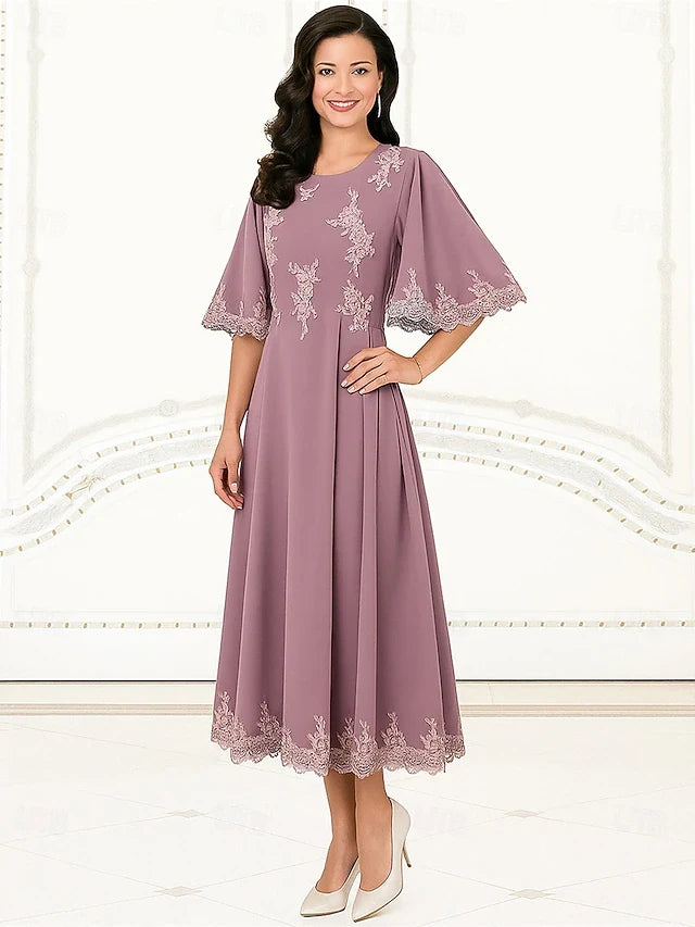 Elegant A-Line Round Neck Bell Sleeve Embroidered Dusty Mauve Midi Prom Dress
