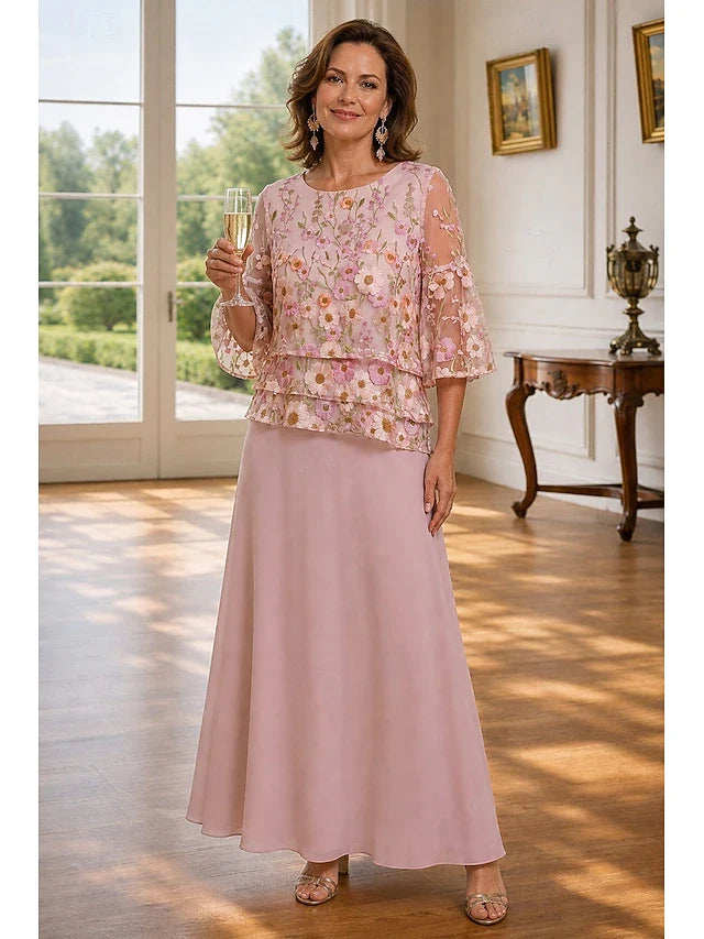 Elegant A-Line Round Neck Bell Sleeve Floral Blush Floor Prom Gown