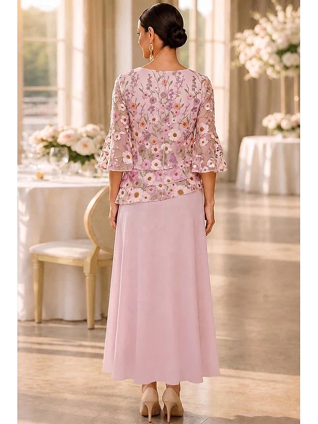 Elegant A-Line Round Neck Bell Sleeve Floral Blush Floor Prom Gown