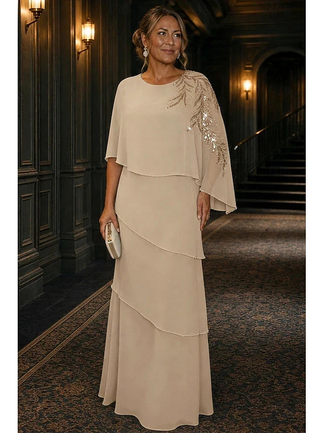 Elegant A-Line Round Neck Cape Sleeves Beaded Layered Champagne Floor-Length Prom Gown
