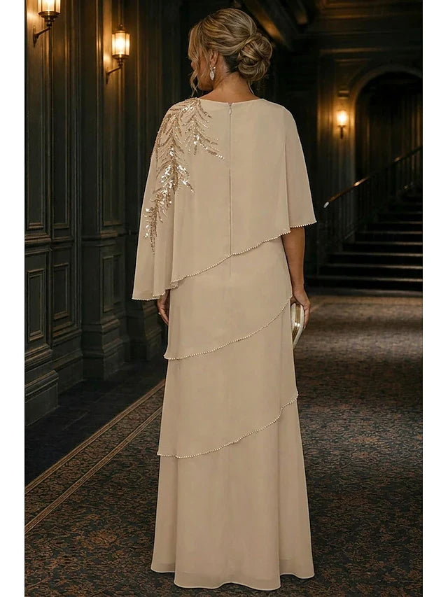 Elegant A-Line Round Neck Cape Sleeves Beaded Layered Champagne Floor-Length Prom Gown