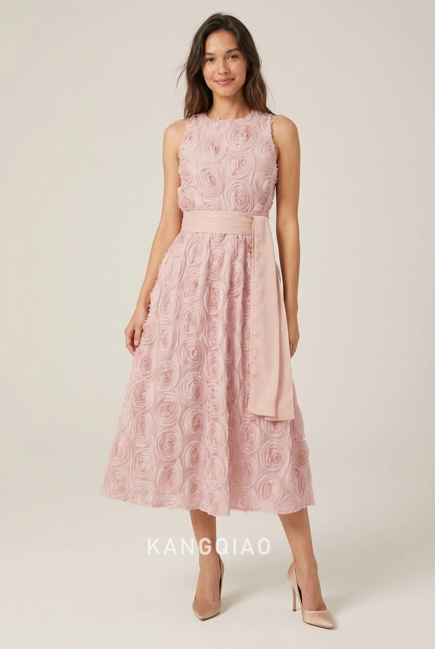 Elegant A-Line Round Neck Floral Applique Waist Tie Blush Pink Midi Prom Dresses