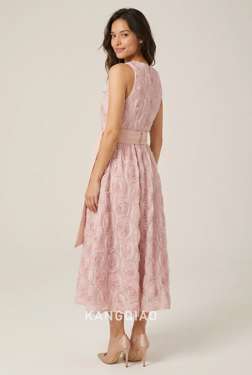 Elegant A-Line Round Neck Floral Applique Waist Tie Blush Pink Midi Prom Dresses