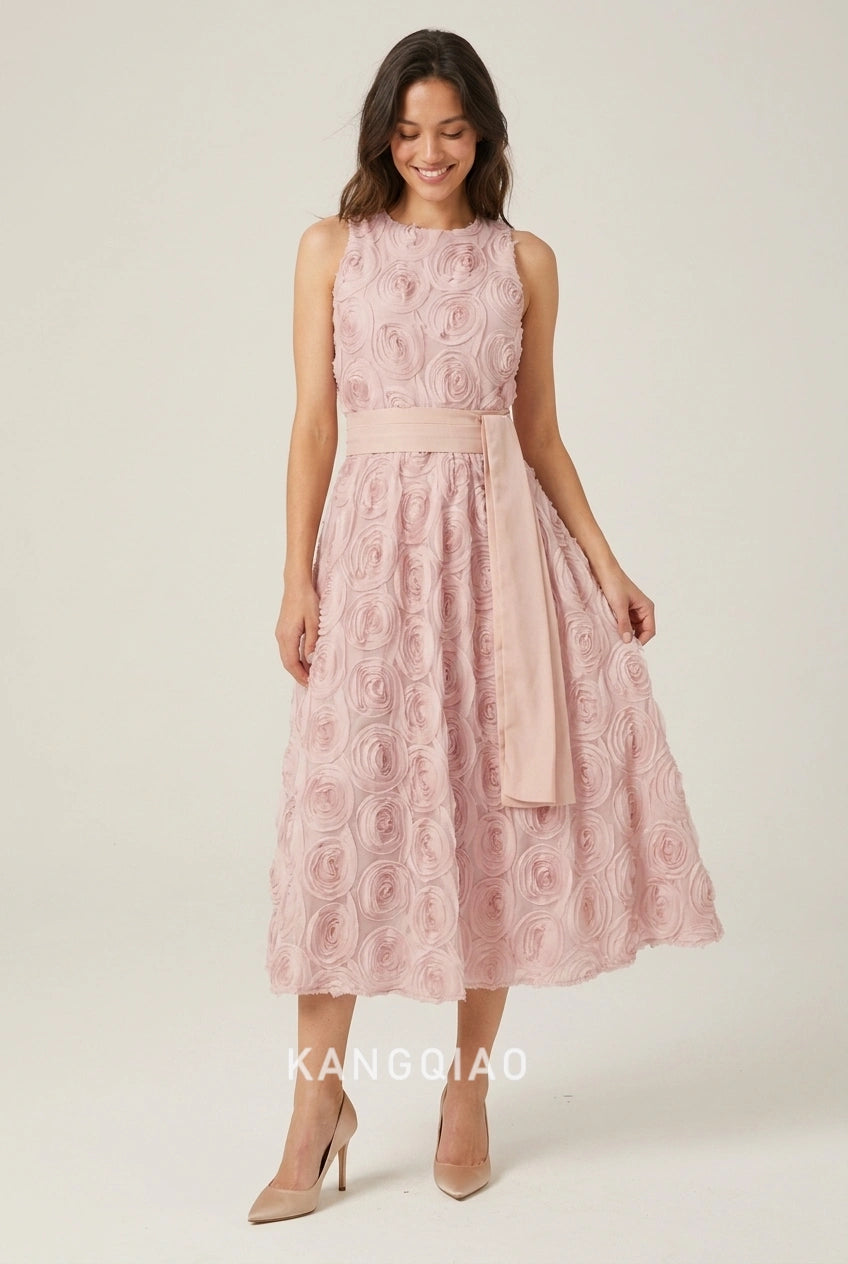 Elegant A-Line Round Neck Floral Applique Waist Tie Blush Pink Midi Prom Dresses