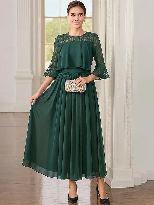 Elegant A-Line Round Neck Lace Sleeve Dark Green Midi Prom Dress