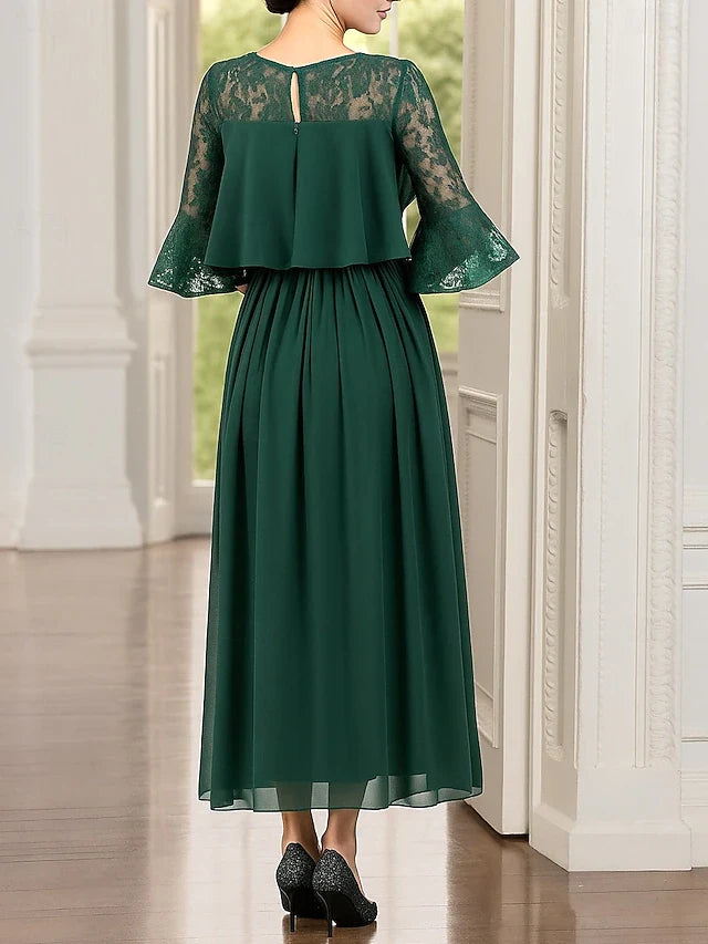 Elegant A-Line Round Neck Lace Sleeve Dark Green Midi Prom Dress