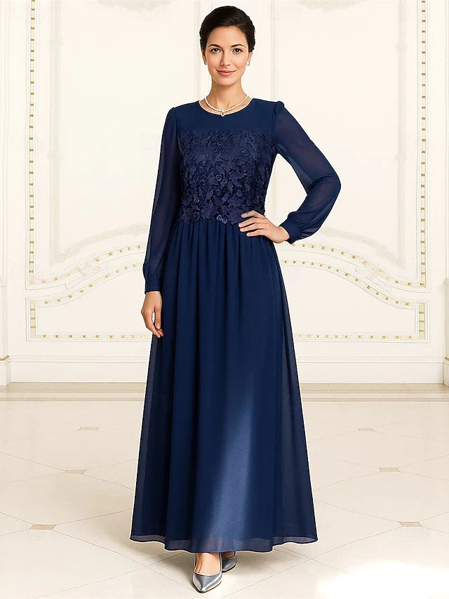 Elegant A-Line Round Neck Long Sleeve Applique Navy Blue Maxi Prom Gown