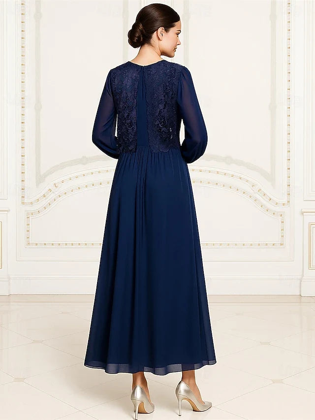 Elegant A-Line Round Neck Long Sleeve Applique Navy Blue Maxi Prom Gown