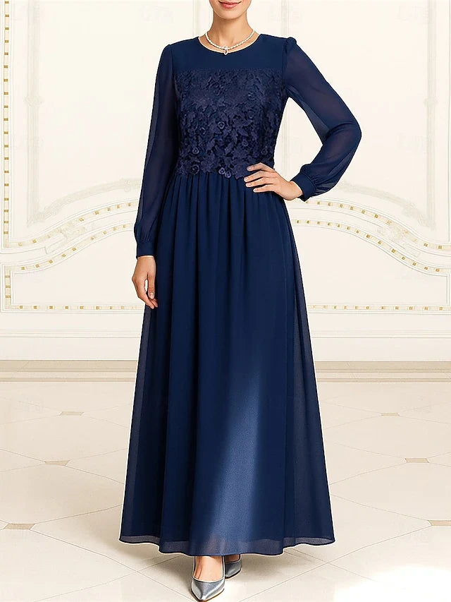 Elegant A-Line Round Neck Long Sleeve Applique Navy Blue Maxi Prom Gown